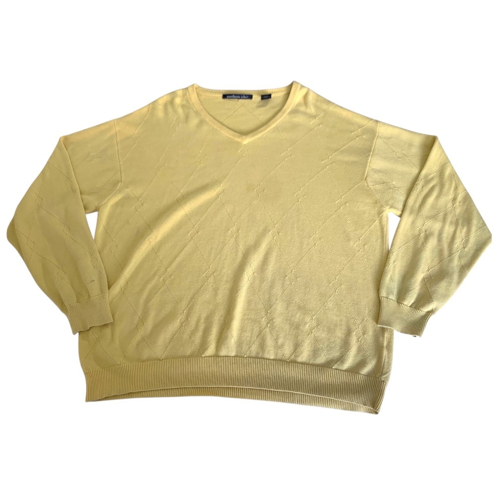 Northern Isles Sweater Mens XL Yellow‎ Diamond VNeck Textured Cotton Grandpacore